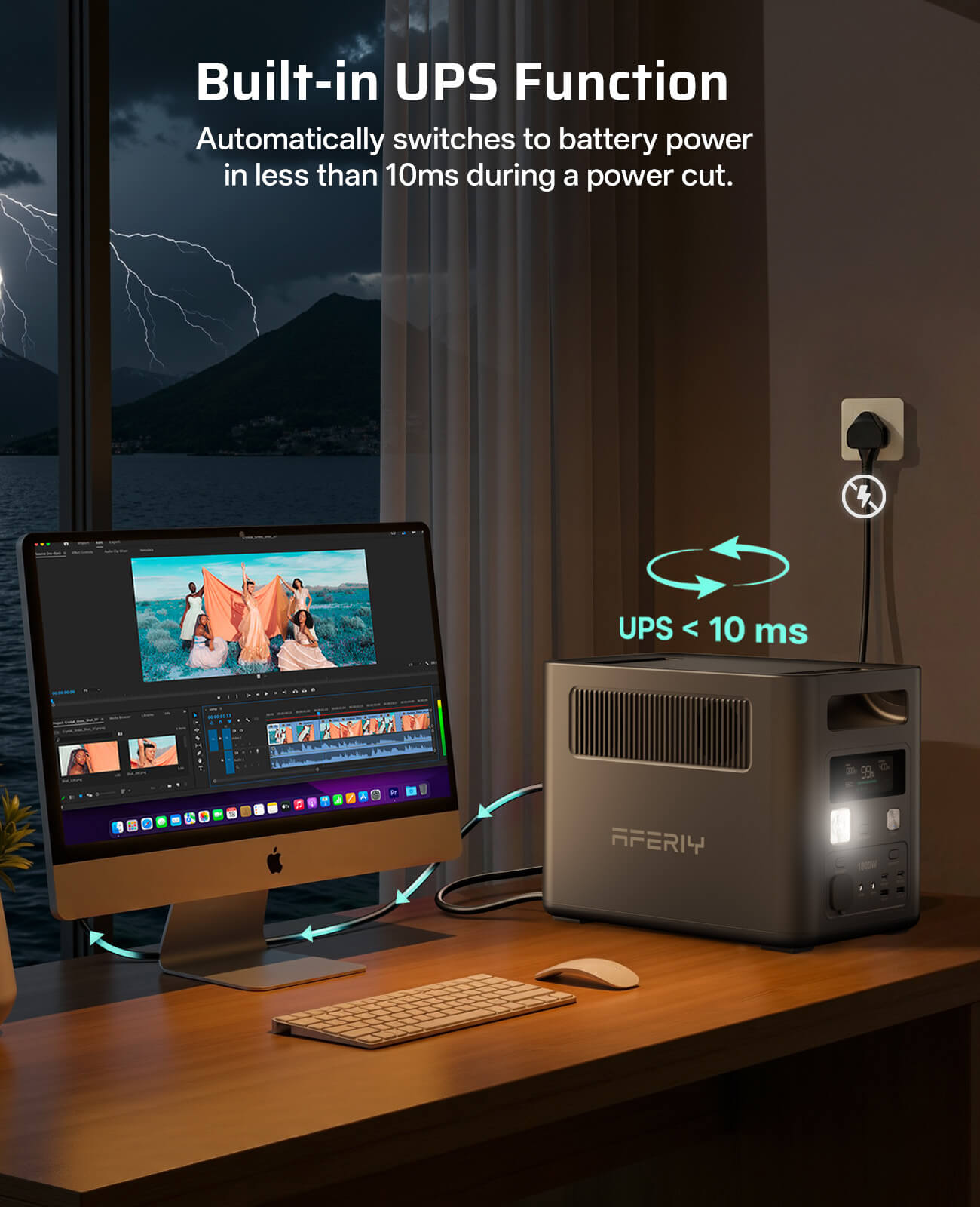 AFERIY P180 1800W 1024Wh portable power station with built-in UPS function and less than 10ms switchover, protecting a computer during a power outage