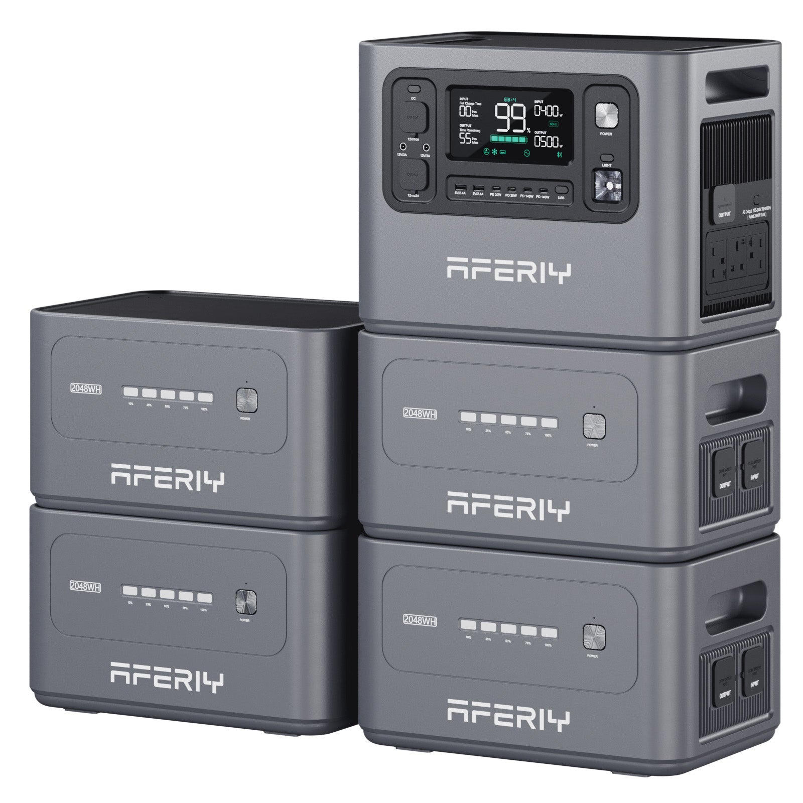 AFERIY P280 2800W 2048Wh portable power station stacked with four 2048Wh expansion battery modules
