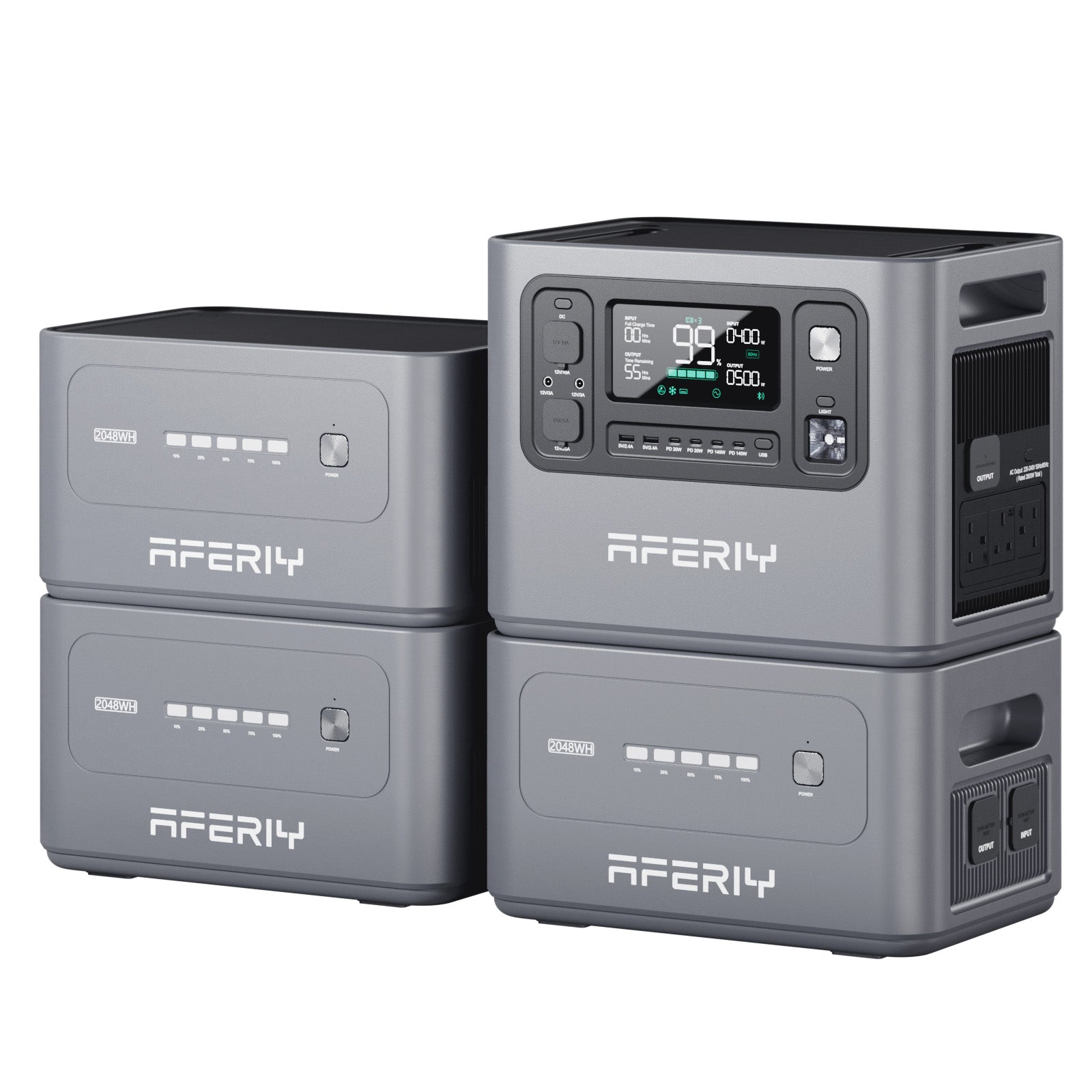 AFERIY P280 2800W 2048Wh portable power station stacked with three 2048Wh expansion battery modules