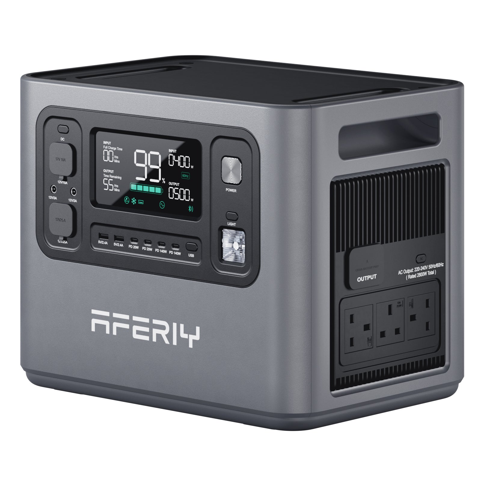 AFERIY P280 2800W 2048Wh portable power station with a large digital display, LED light, control buttons, and side AC outlets