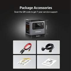 AFERIY P300 Portable Power Station with dimensions of 39.8cm x 28cm x 31.5cm, packaged with MC4-XT90 cable, AC charging cable, warranty card, and user manual