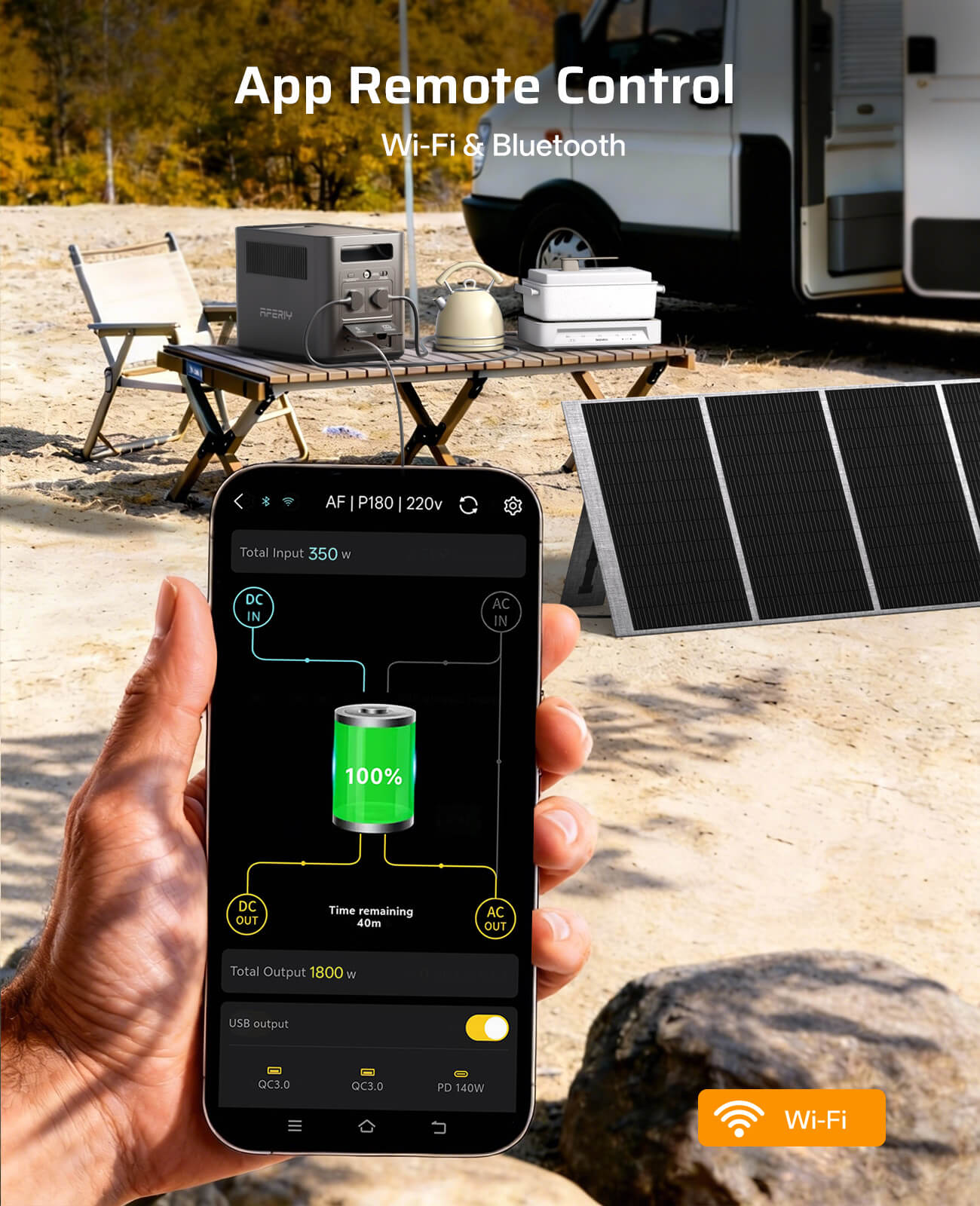 AFERIY P180 1024Wh portable power station with Wi-Fi app control, providing smart remote monitoring for off-grid RV camping