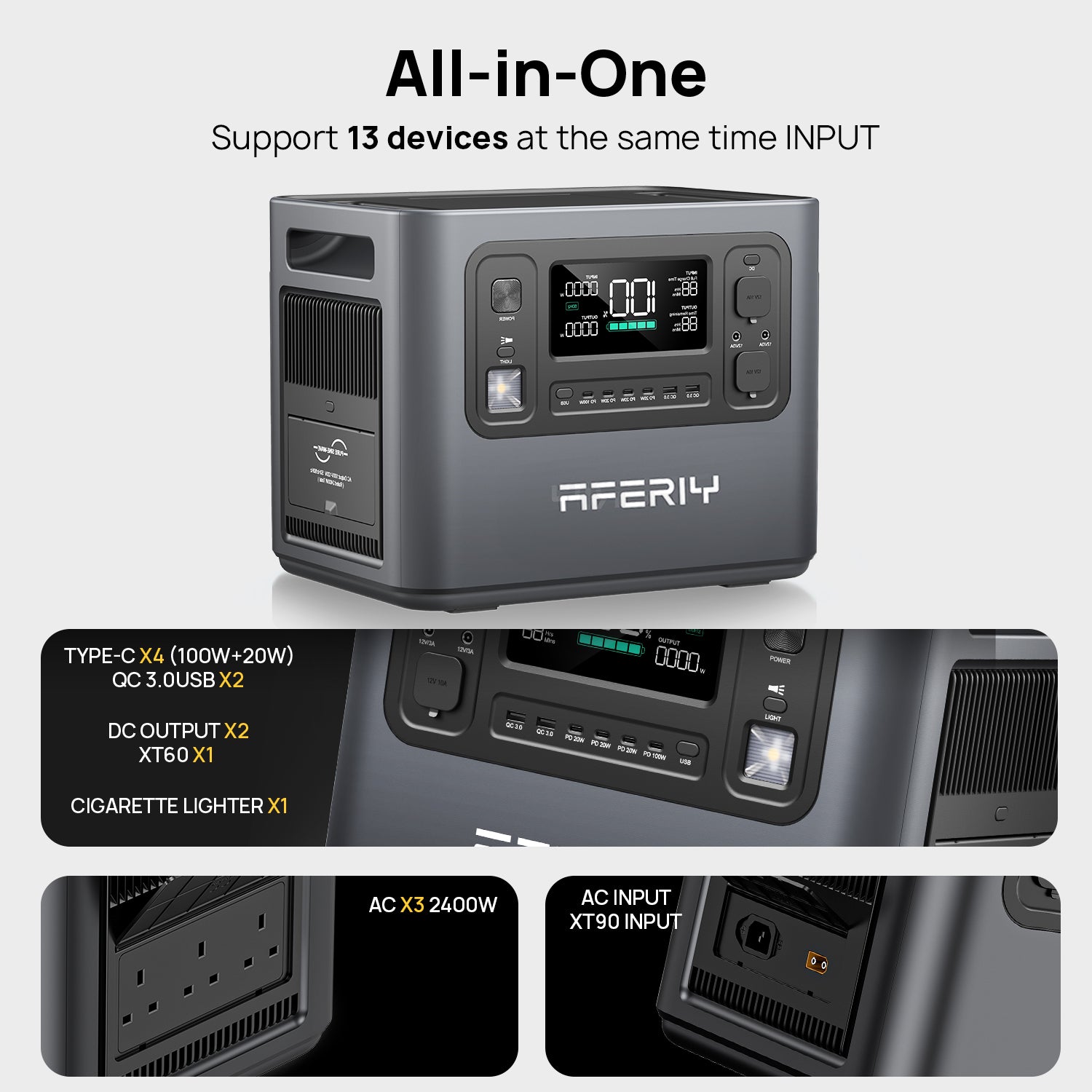 AFERIY P210 Portable Power Station with 13 outlets, enabling simultaneous power supply to multiple devices.
