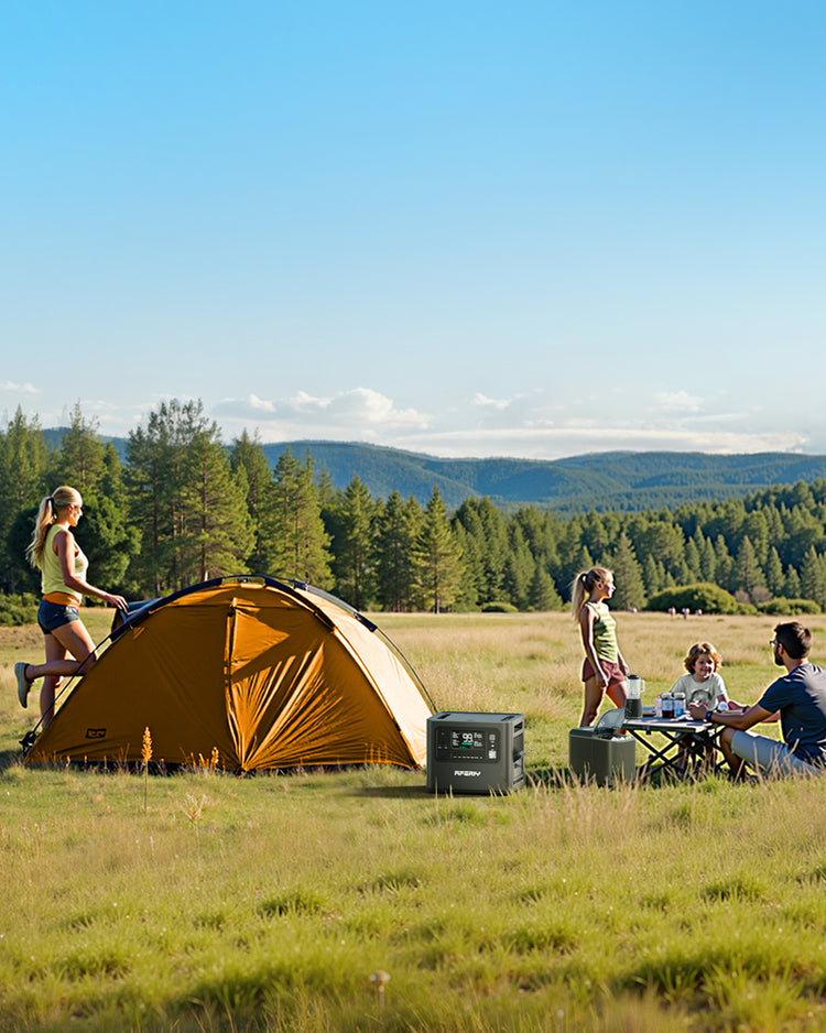Family using AFERIY P210 to power campsite lights and cooking equipment for Mobile