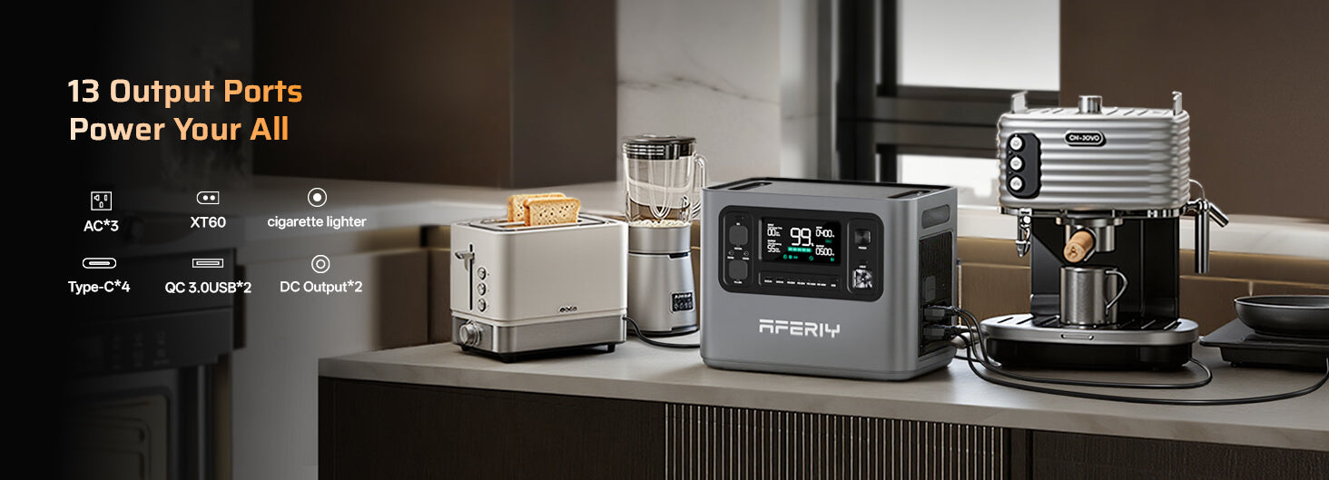 AFERIY P300 Portable Power Station with 13 multi-purpose ports including AC, XT60, Type-C, USB, and DC for powering a wide range of household devices
