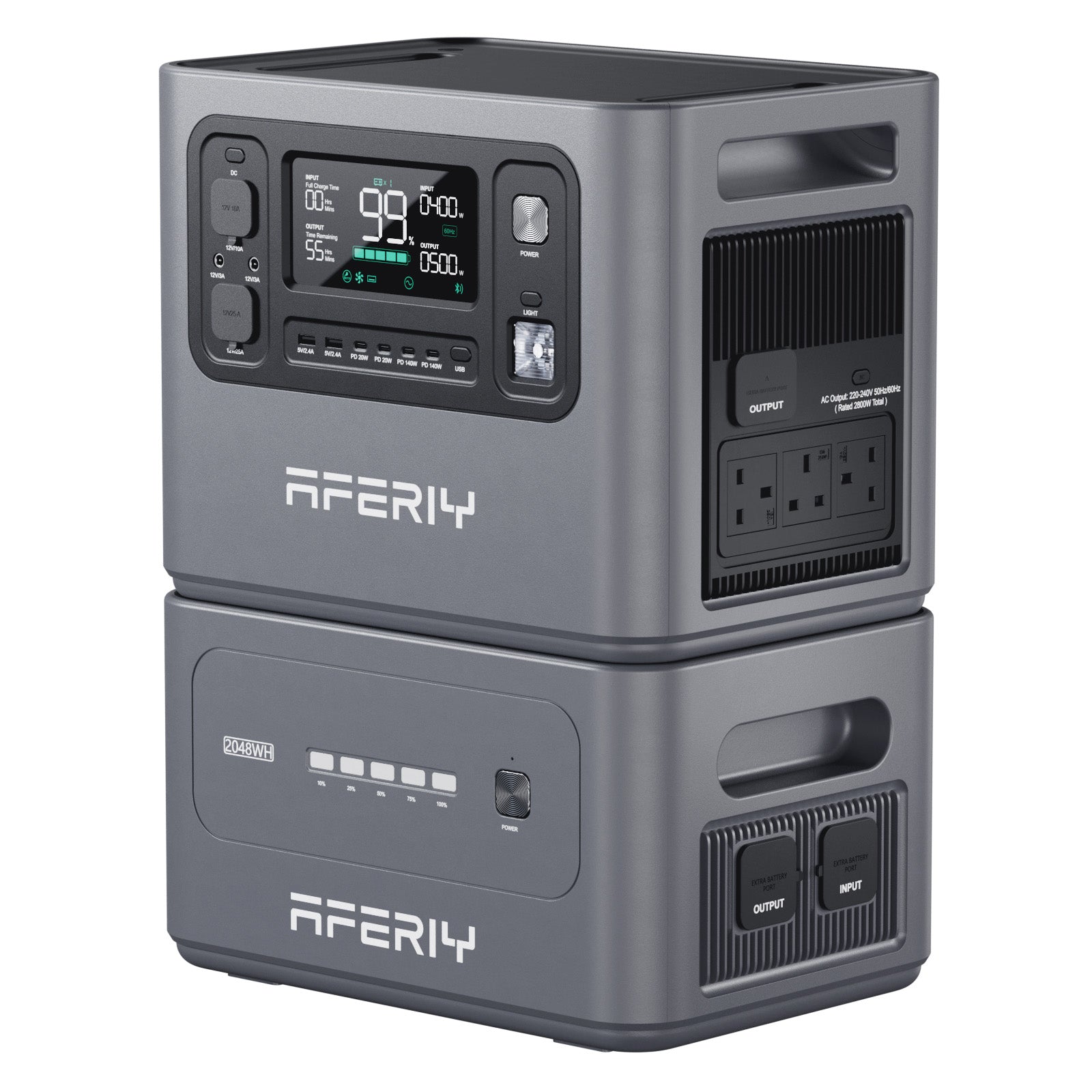 AFERIY P280 2800W 2048Wh portable power station stacked with a 2048Wh expansion battery module