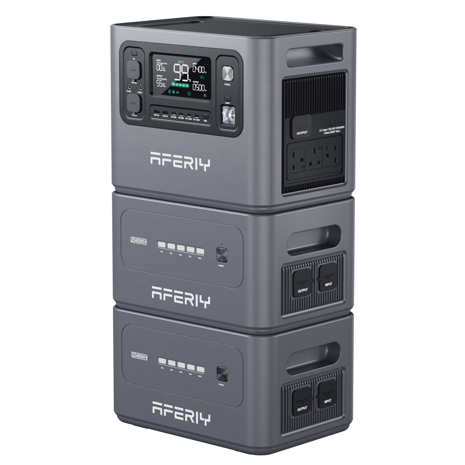 AFERIY P280 2800W 2048Wh portable power station stacked with two 2048Wh expansion battery modules