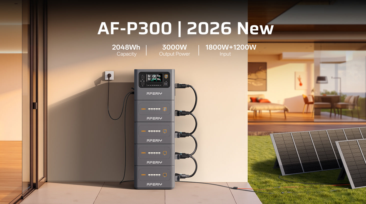 AFERIY P300 Portable Power Station with 2048Wh capacity, 3000W output power, and 1800W+1200W input for a comprehensive modular backup system