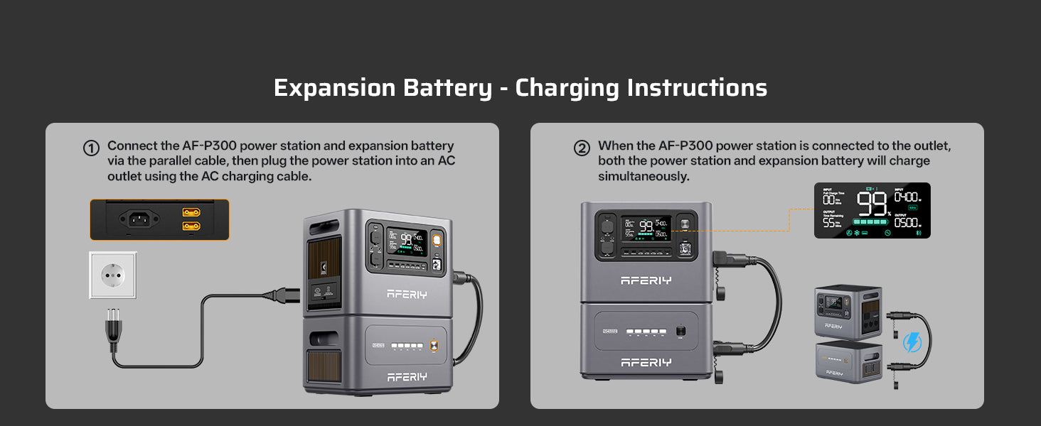 AFERIY P300 Portable Power Station with expansion battery charging instructions, connecting via parallel cable and AC charging cable to charge both units simultaneously