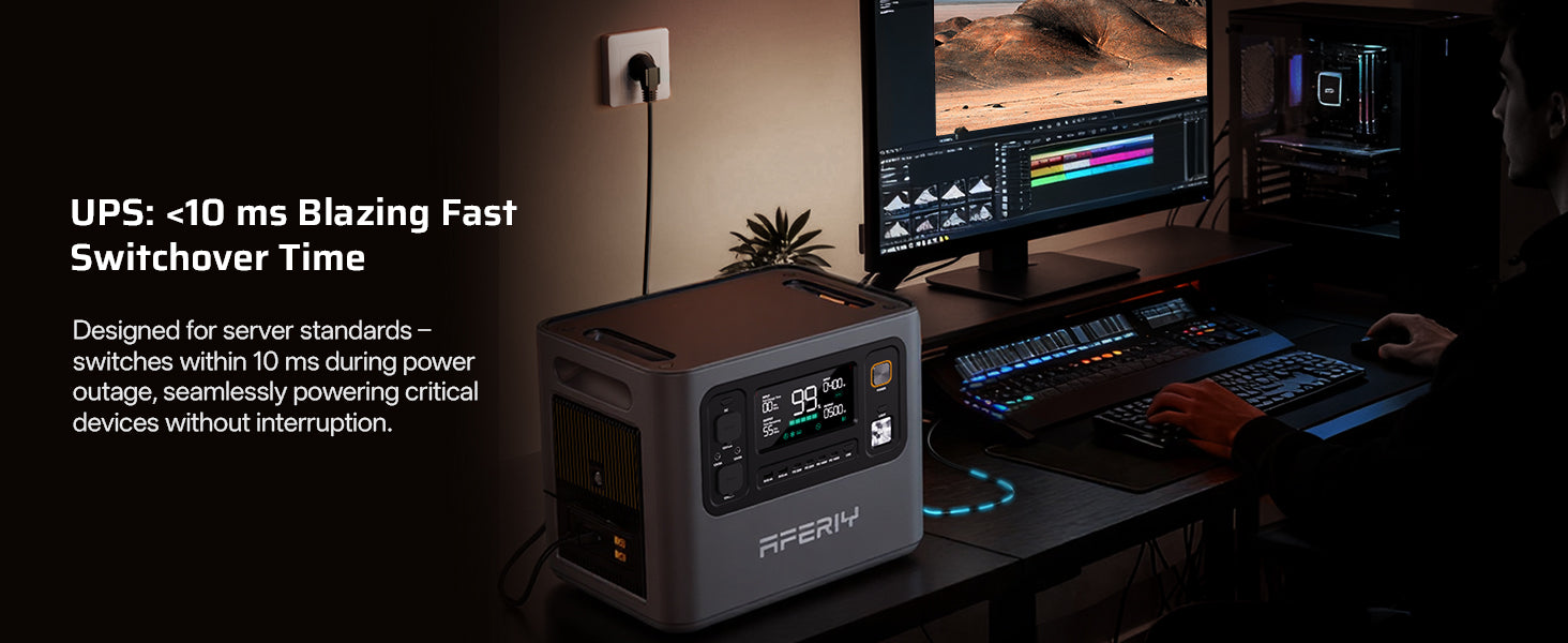 AFERIY P300 Portable Power Station with UPS switchover time under 10ms, designed for server standards to seamlessly power critical devices without interruption